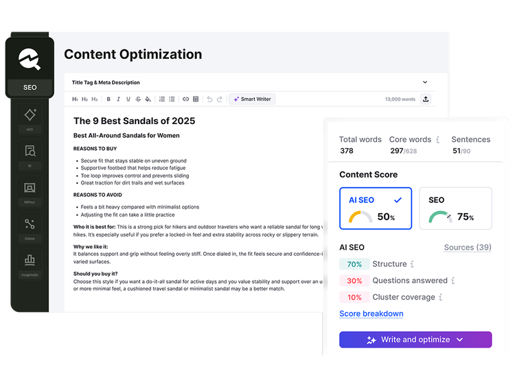 Content Optimisation editor showing a sample article with a scoring panel displaying AI SEO and traditional SEO scores.