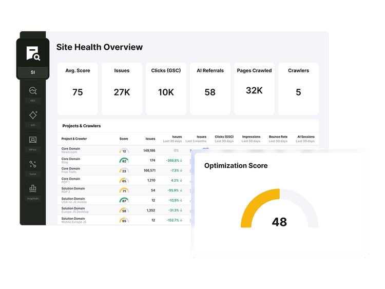 Site Intelligence Site Health Overview dashboard with health score, issues, GSC clicks, AI referrals, pages crawled and active crawlers — with a Projects and Crawlers table tracking per-domain health and AI sessions, with an Optimisation Score gauge.