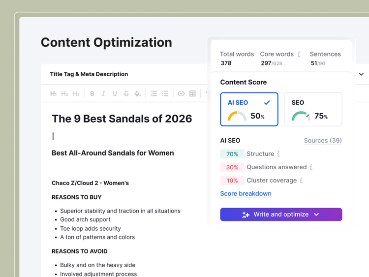 Enterprise Content Optimisation interface showing content editor and side-by-side optimisation scores for SEO and AI search.