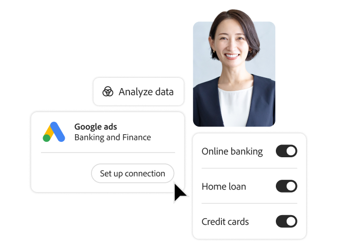 Customer persona alongside toggles for banking services, symbolizing digital maturity and personalized financial journeys.