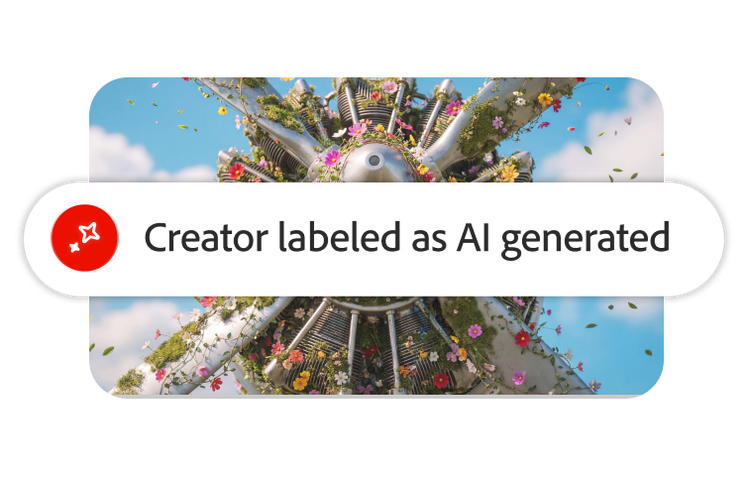 Photo showing a “Creator labelled as AI generated” chip over confetti imagery.