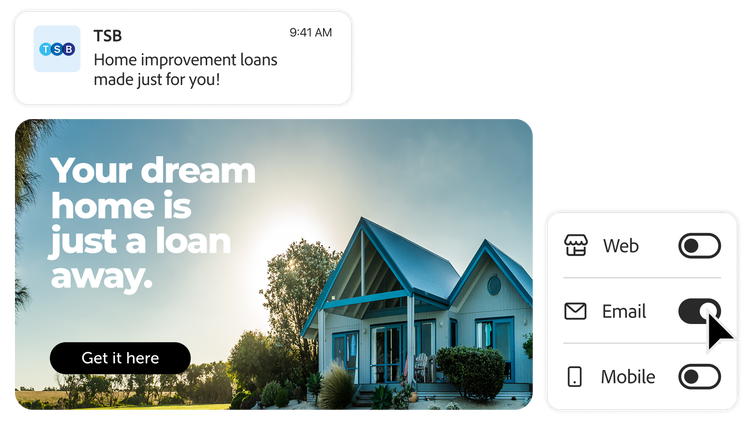 TSB loan message and home loan ad shown with channel toggles for mobile.