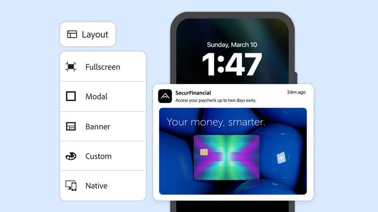 Mobile notification preview displayed with layout options including fullscreen, modal, banner, custom and native.