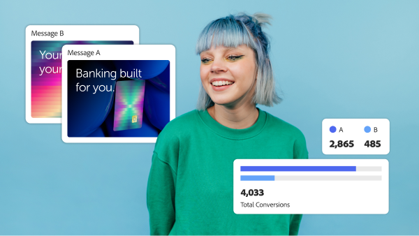 Two mobile messages displayed with A/B test results showing conversions and total performance metrics.