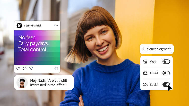 Personalised social ad and message shown with audience segment controls for web, email and social channels.
