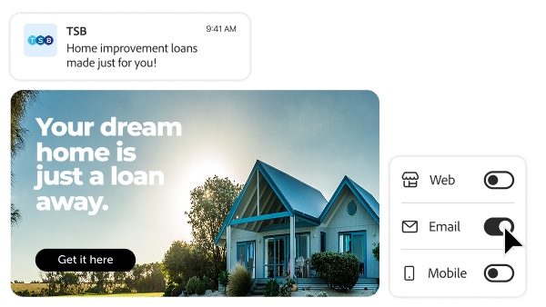 TSB loan message and home loan ad shown with channel toggles for mobile.