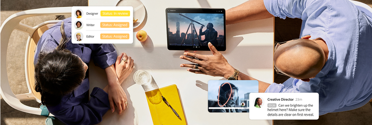 Overhead view of colleagues looking at a tablet, overlayed with collaboration and review software UI from Adobe video production tools.