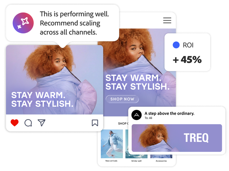 Ad for an athletic drink with AI recommendations based on conversion metrics.