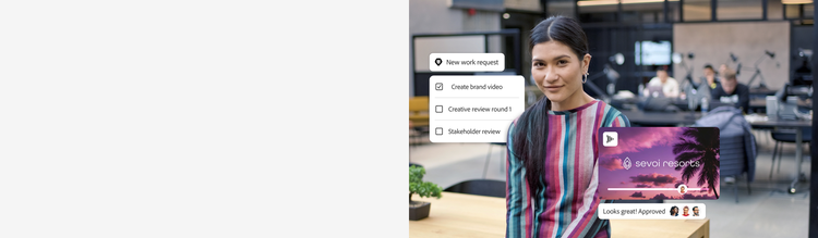 महिला ऑनलाइन वर्कफ़्लोज़ का इस्तेमाल करके ब्रांड वीडियो अप्रूव करती है
