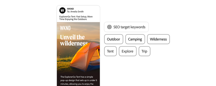 Annuncio per il brand WKND con foto di una tenda e parole chiave SEO (Search Engine Optimization) target, tra cui outdoor, camping, wilderness, tent, explore e trip.