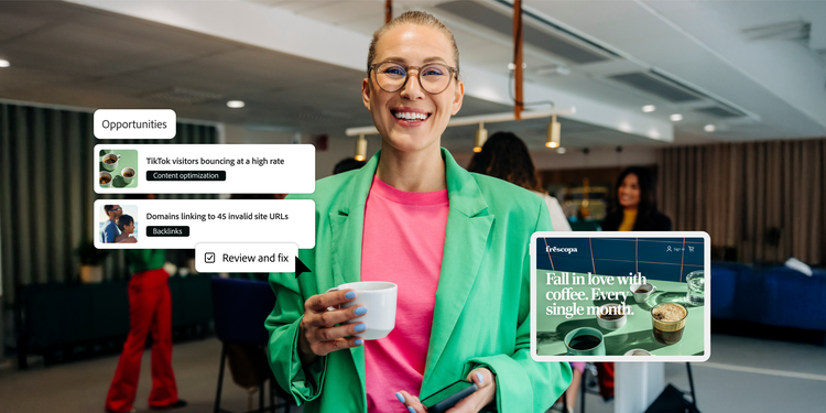 Professionista sorridente con una tazza di caffè, con grafiche in sovrimpressione su SEO (Search Engine Optimization) di marketing digitale e ottimizzazione dei siti web.