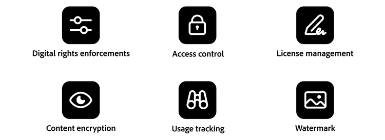 Icone che illustrano sei componenti del DRM, come il controllo degli accessi, la cifratura e il monitoraggio dell’utilizzo.