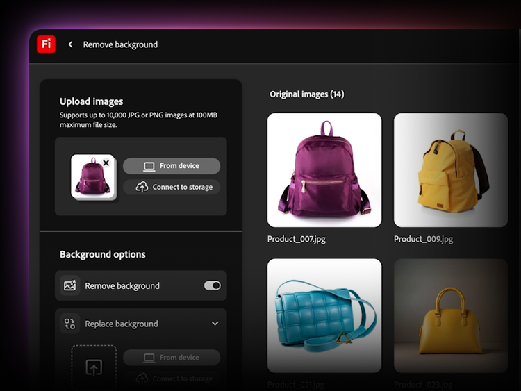 La schermata Rimuovi sfondo dell’applicazione desktop Firefly mostra l’interfaccia utente per caricare le immagini e apportare modifiche come la rimozione o la sostituzione dello sfondo nelle foto dei prodotti di zaini colorati.