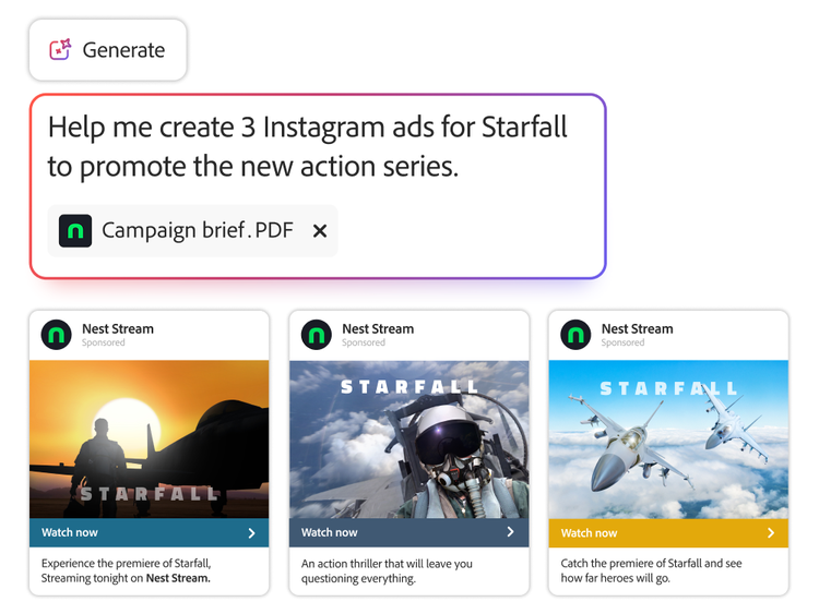 Immagine che mostra operazioni sui contenuti su larga scala con due varianti di un annuncio Instagram generato dall'IA.