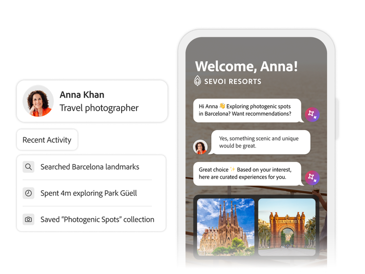 Interfaccia che mostra un avviso per un'opportunità di viaggio a Barcellona, una notifica mobile per un nuovo tour e una scheda sull'architettura di Gaudì.
