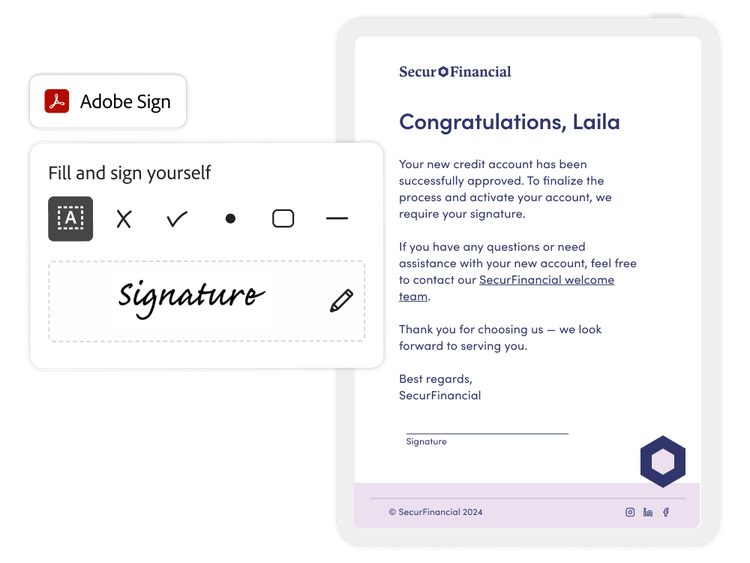 Modulo di servizi finanziari che si integra con Adobe Sign per raccogliere le firme