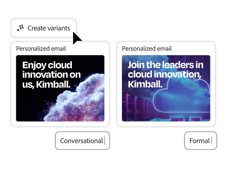https://main--bacom--adobecom.hlx.page/fragments/products/modal/videos/journey-optimizer/email-marketing/ai-infused-optimization#ai-infused-optimization | Due varianti di un’e-mail generate dall’IA, una colloquiale e l’altra formale | :play-medium:, Picture