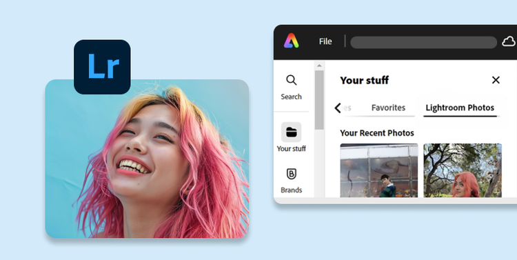 Un’immagine di una donna sorridente con il logo di Adobe Lightroom, oltre a una finestra dell’interfaccia utente di Adobe Express.