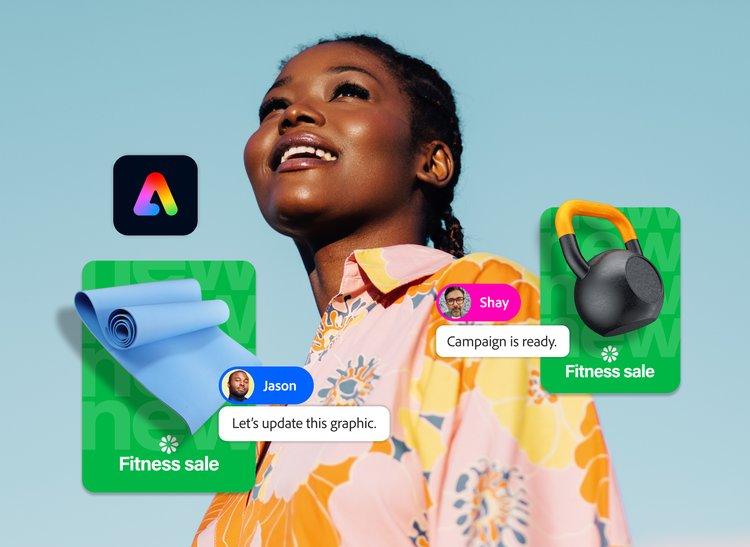 Immagine di una donna sorridente che guarda in lontananza, a cui sono sovrapposti il logo di Adobe Express, alcune immagini approvate per una campagna e i commenti di approvazione di due colleghi.