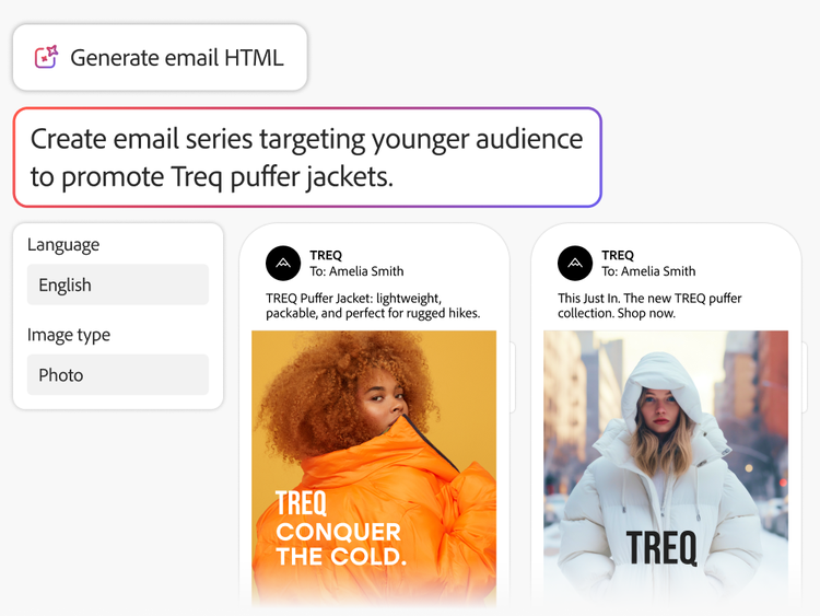 Interfaccia di creazione e-mail che mostra due anteprime di giacche TREQ rivolte a un pubblico giovane con slogan audaci e visual accattivanti.