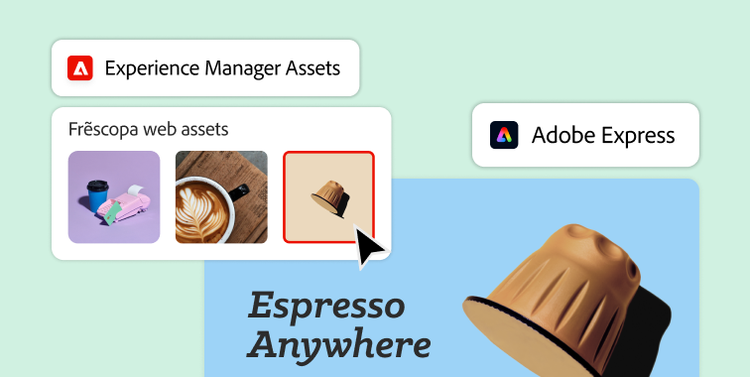 Interfaccia utente di Adobe Express che mostra l’uso di risorse di Experience Manager Assets per creare un annuncio di una capsula per caffè.