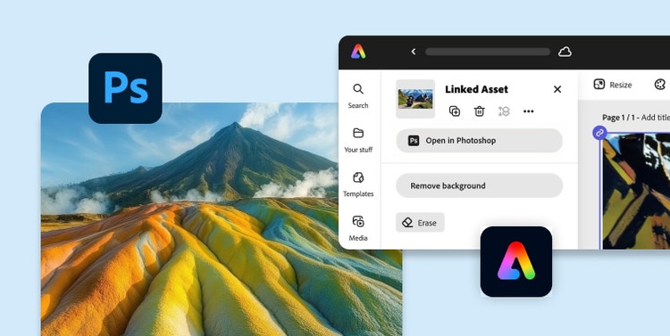 Un’immagine di colline colorate con il logo di Adobe Photoshop sovrapposto, oltre a una finestra dell’interfaccia utente di Adobe Express.