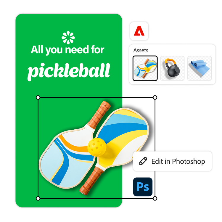 Interfaccia di Adobe Express che mostra un’immagine con due racchette e una palla da pickleball che viene modificata in Photoshop a partire da risorse esistenti.