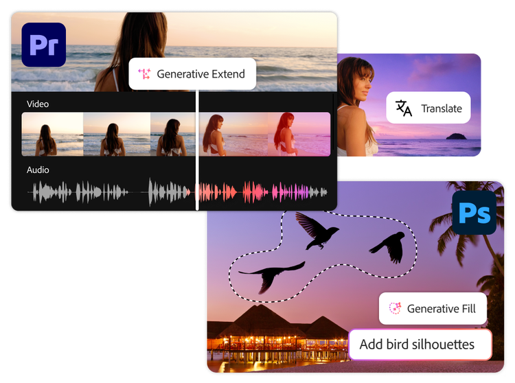 Produzione di un video con Estensione generativa in Adobe Premiere e utilizzo del Riempimento generativo in Photoshop per creare sagome di uccelli.