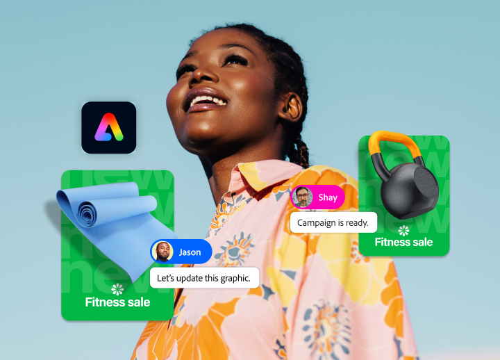 Immagine di una donna sorridente che guarda in lontananza, a cui sono sovrapposti il logo di Adobe Express, alcune immagini approvate per una campagna e i commenti di approvazione di due colleghi.