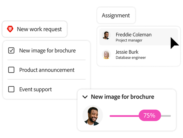 Interfaccia di gestione del lavoro con checklist e barra di avanzamento; membri del team assegnati ad attività relative a brochure e prodotto.