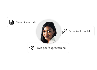 Foto di una donna con caselle di testo con le scritte "Esamina il contratto", "Compila il modulo" e "Invia per l'approvazione"