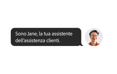 Foto di una donna con casella di testo con la scritta "Sono Jane, la tua assistente per il servizio clienti"