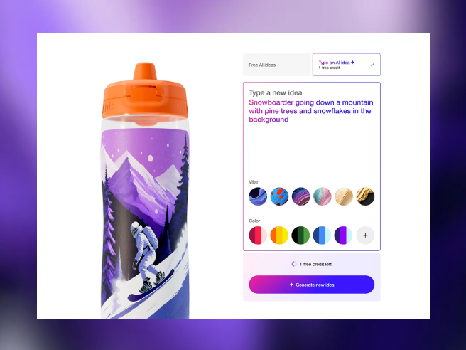 Interfaccia di personalizzazione per la bottiglia da spremere Gatorade, che mostra le opzioni di design e colore offerte dall’IA generativa.