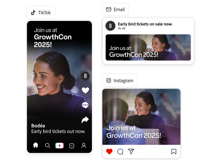 Tre varianti di un annuncio per una conferenza di lavoro formattate per TikTok, Instagram e e-mail.