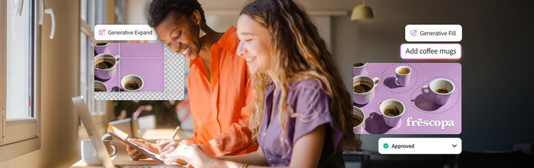 Immagini di tazze di caffè da Espansione generativa e Riempimento generativo.