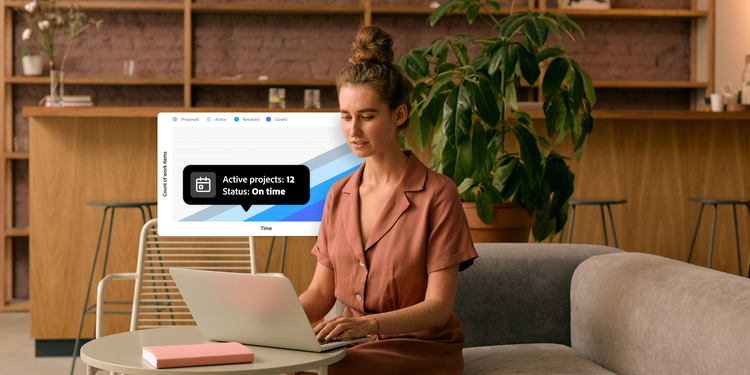 ノートパソコンを操作する女性の上に、12のアクティブなプロジェクトを示す累積フローチャートが重ねられている。