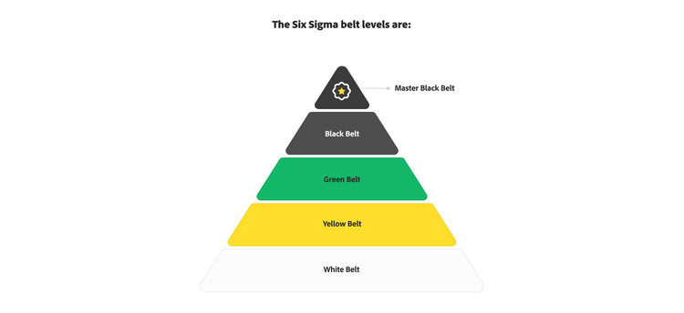 シックスシグマのベルトレベル（プライマリブラックベルト、ブラックベルト、グリーンベルト、イエローベルト、ホワイトベルト）を表す図
