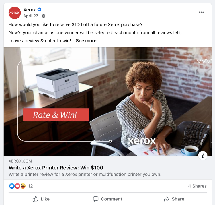 A Xerox social media marketing Facebook post