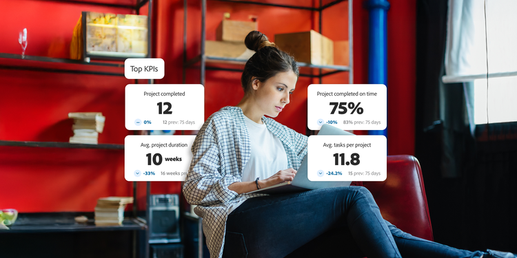 ノートパソコンで作業する女性の画面。KPI指標として「完了したプロジェクト数」「所要時間」「タスク数」「納期遵守率」が表示されている。