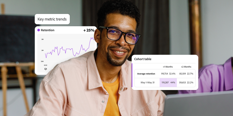 オフィスに座っている男性。 主要指標のトレンドとコホートテーブルが重ねられている。