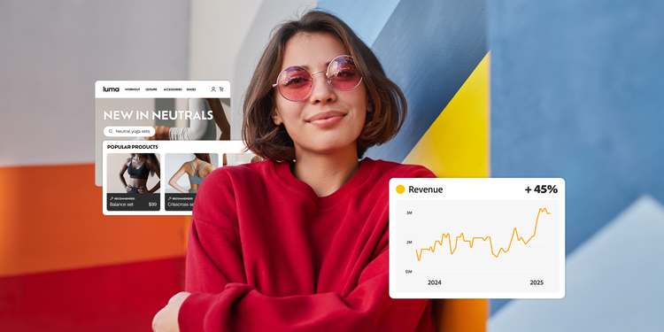 赤いトレーナーにピンクのサングラスをかけた女性がカラフルな壁を背に立っていて、背景にはファッションサイトのグラフィックと上昇する収益チャートが重ねて表示されている。