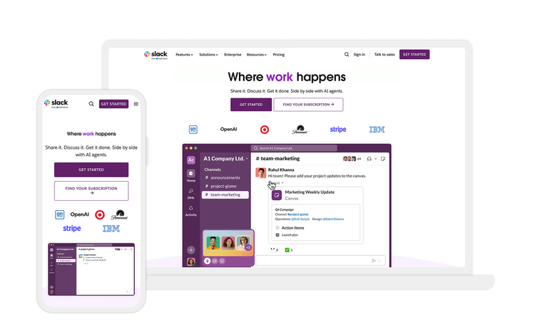 Slackのwebサイトのデスクトップ版とモバイル版のアダプティブ表示。