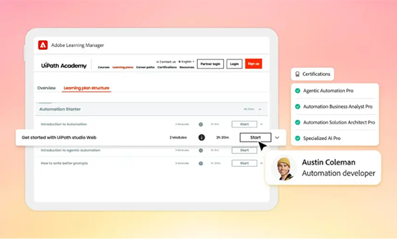 コースナビゲーションとユーザープロフィールの詳細を表示するAdobe Learning Managerインターフェイスのスクリーンショット。