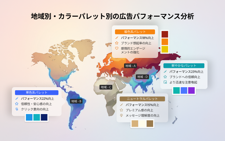 グローバル市場における広告のパフォーマンス分析。異なるカラーパレットに基づく地域ごとのエンゲージメントパターンを強調表示しています。