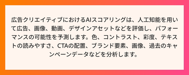 AIスコアリングの定義と、広告クリエイティブのパフォーマンス評価方法を説明したコールアウト。