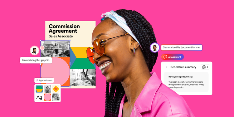 鮮やかな服装で微笑む女性を中心に、様々なAcrobat StudioのUXコンポーネントが配置され、プロンプトから結果まで、ツールのAIを活用した機能を示唆している。