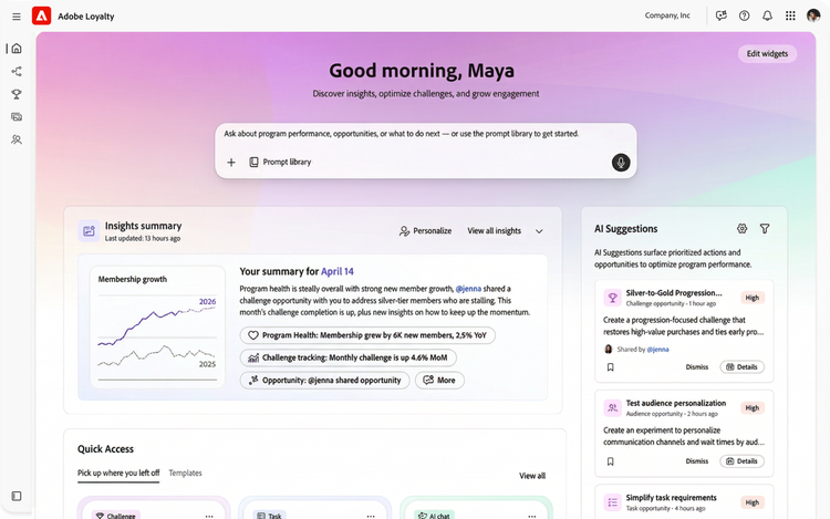 インサイト要約を表示するAdobe Journey Optimizer Loyaltyダッシュボードのスクリーンショット