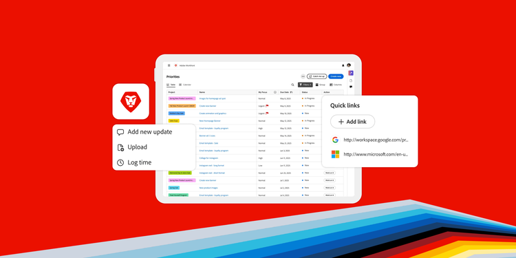 Adobe Workfrontの「優先度」画面。2つのポップアップメニューとWorkfrontのライオンロゴが表示されている