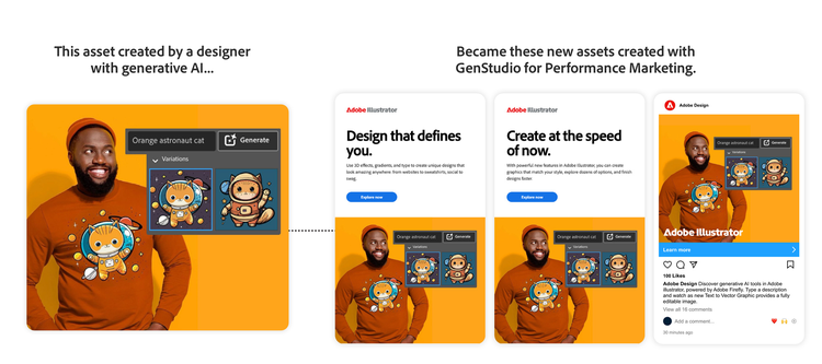生成AIによってデザインしたアセットの、複数のマーケティングアセットへの変換を示す画像。Adobe Illustratorとラベルの付いたインターフェイス要素の横に、デザイナーが作成した、宇宙飛行する猫のイラストが描かれた服を着た微笑む人のグラフィックを示している