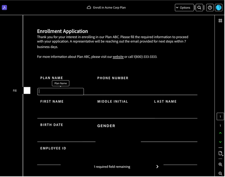 高コントラストのダークモードに更新された署名エクスペリエンスのUIの例。